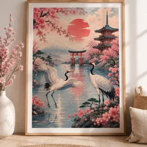 Japanse Kraanvogels bij Mount Fuji – Sakura & Torii Poster