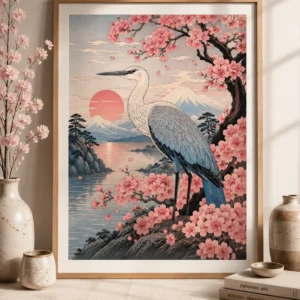 Japanse Kraanvogel & Sakura Poster – Vintage Japanse Wanddecoratie