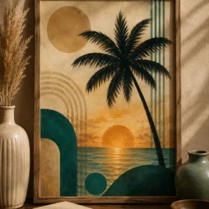 Golden Palm Sunset – Tropische Retro Wanddecoratie