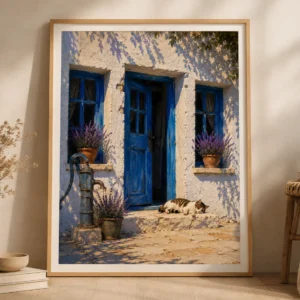 Mediterrane Blauwe Deur met Kat & Lavendel – Kunstposter