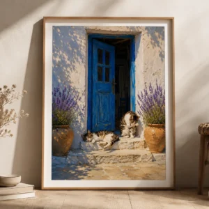 Mediterrane Katten bij de Blauwe Deur – Vintage Kunstposter