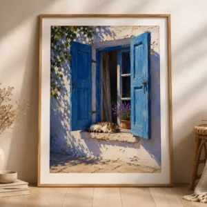 Slapende Kat bij Blauwe Luiken & Lavendel – Mediterrane Kunstposter