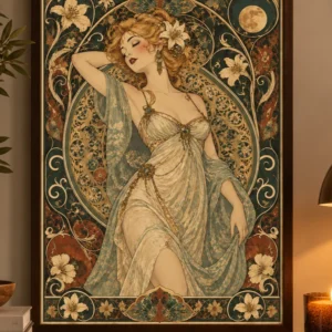 Elegante Blonde Vrouw bij Maanlicht - Art Nouveau Poster