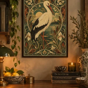 Ooievaar - Natuur bij Zonsondergang - Art Nouveau Poster