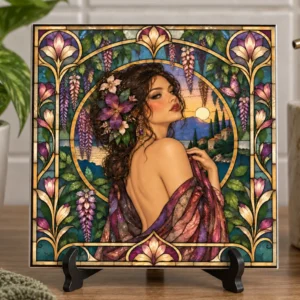 Exotische Vrouw in Paarse Bloementuin - Art Nouveau Stijl - Decoratieve Tegel
