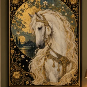 Ivory Moon - Majestic White Horse - Art Nouveau Poster