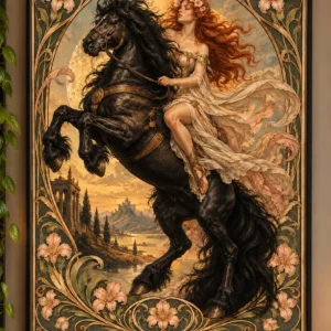 Roodharige vrouw op zwart paard - Art Nouveau Poster